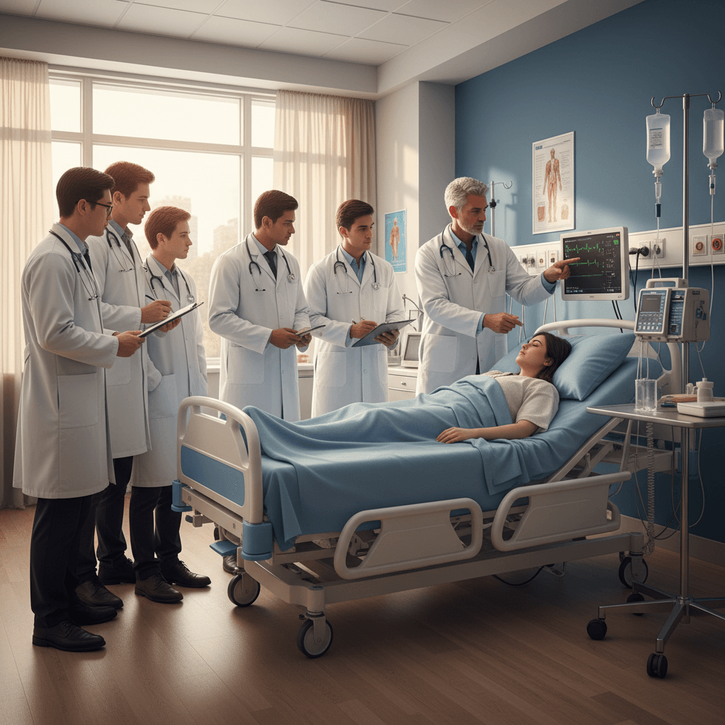 Étudiants en médecine en blouse blanche autour d'un lit d'hôpital lors d'une session de formation clinique pratique