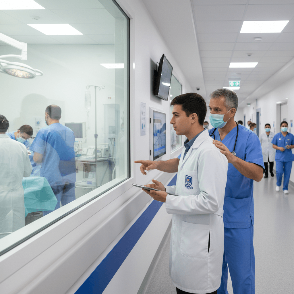 Candidats au concours de résidanat et internat en médecine révisant des cas cliniques dans une bibliothèque hospitalière